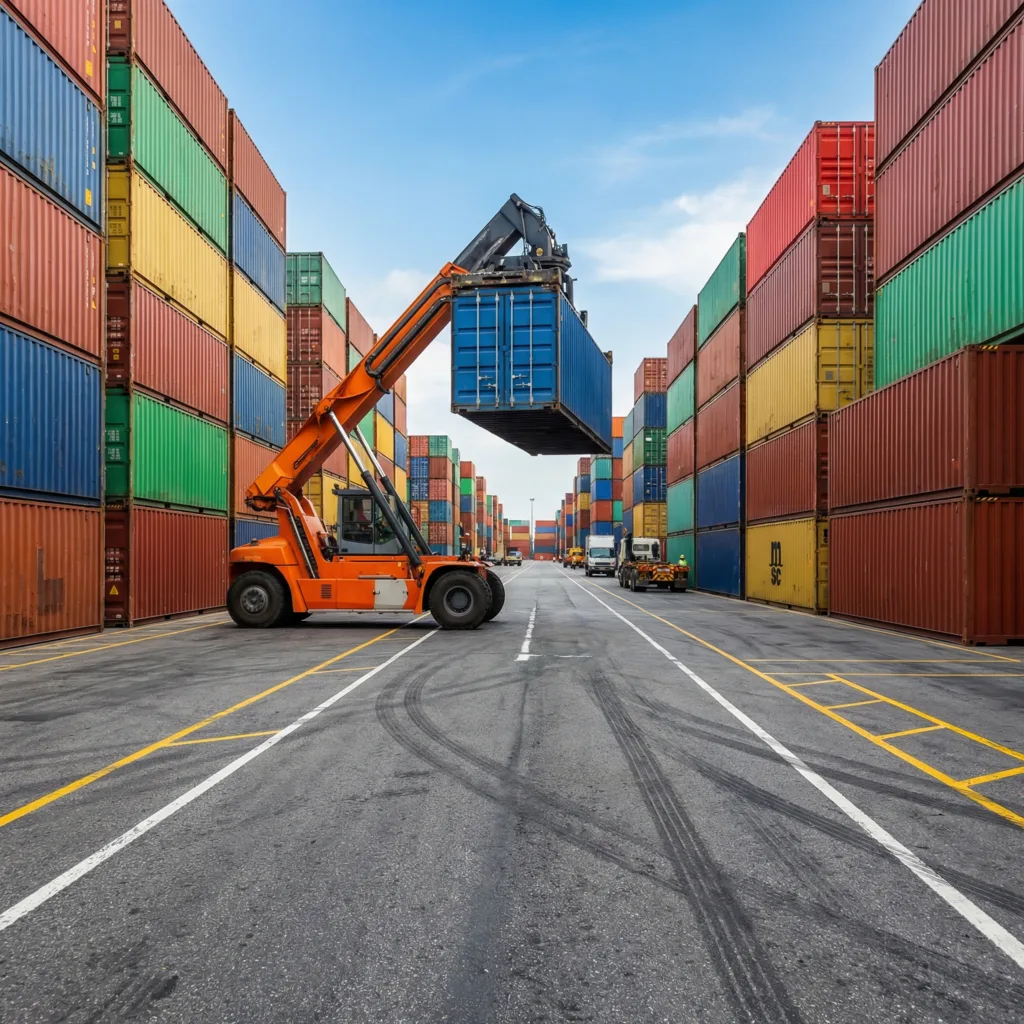 Containerhof-Betrieb mit Reach-Stacker, der zwischen Containerreihen arbeitet