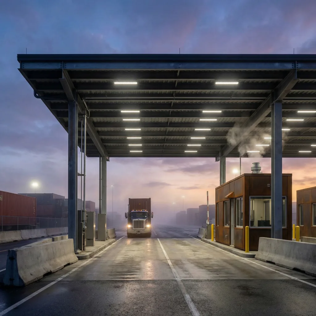 Container yard gate entrance with truck lanes and overhead lighting