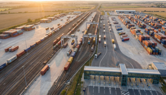 Aerial view of an intermodal rail terminal with gantry cranes and container stacks